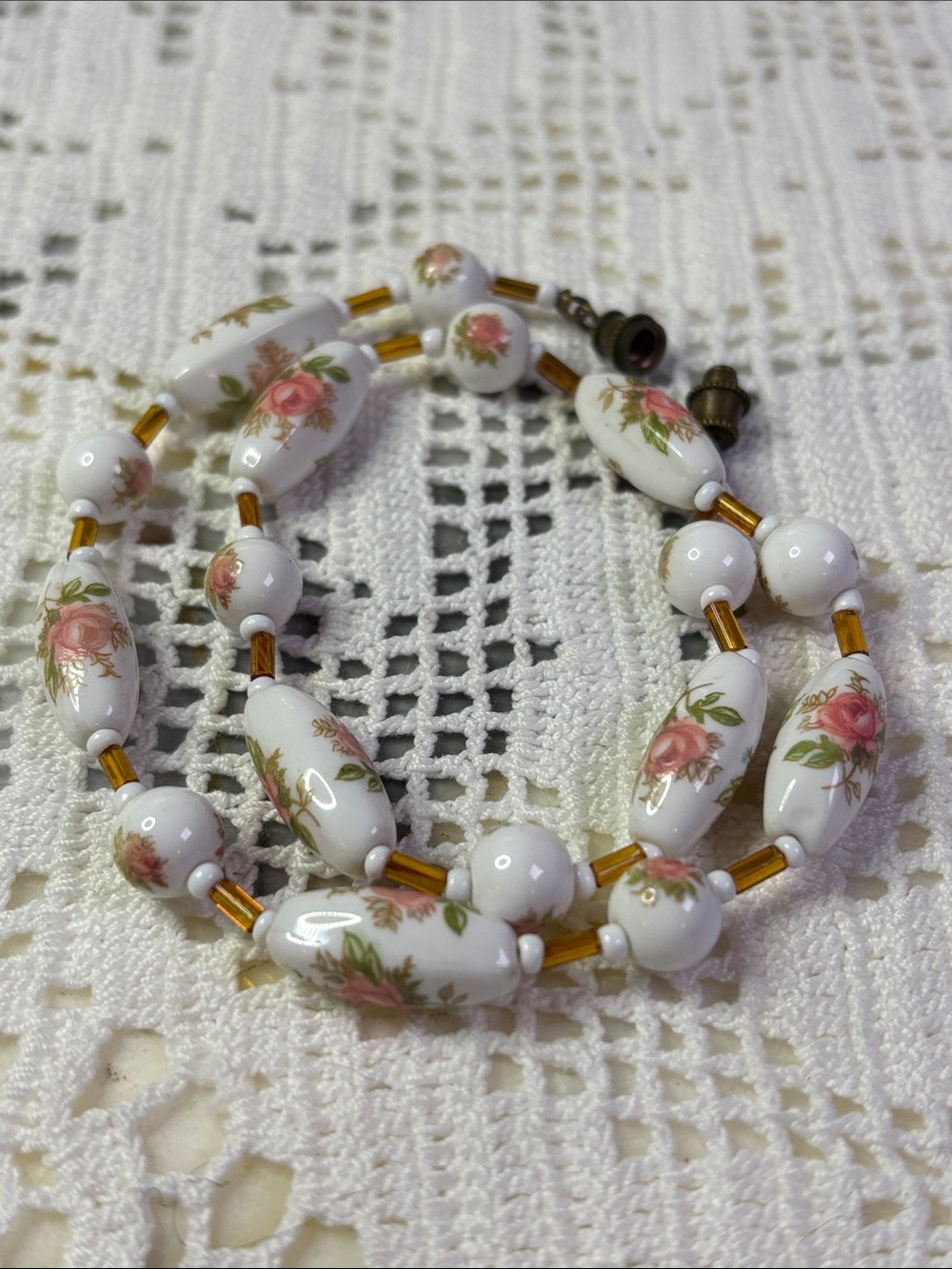 White Porcelain Bead Necklace with Pink Rose Motif